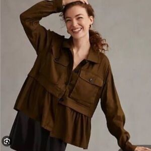 MAEVE Anthropologie Flounced Utility Shirt Jacket Olive Green Small